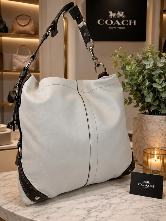 Coach Handbags - Coach Xlarge Carly Hobo White Leather Shoulder Large Bag with Gray Brown Trim